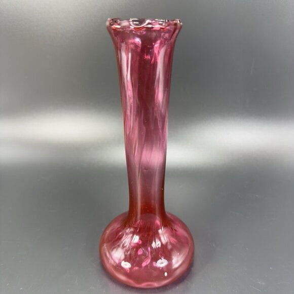 Antique Cranberry Art Glass Vase Wavy Ruffled Top Bud Vase Hand Blown Textured - Picture 1 of 11
